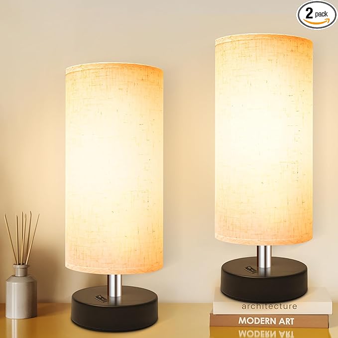 Small Lamp for Bedroom, Bedside Lamps for Night Stands, Mini Minimalist Table Lamp with Round Flaxen Fabric Shade, 11.8 Inch Desk Reading Lamp for Dorm Room Living Room Office Room, 2 Pack