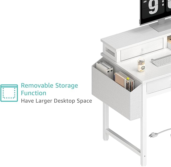 Lufeiya Small White Kids Desk with Fabric Drawers for Bedroom, 32 inch Vanity Makeup Desk with Drawers Storage for Home Office, Writing Study Table with Power Outlet & Monitor Stand, White