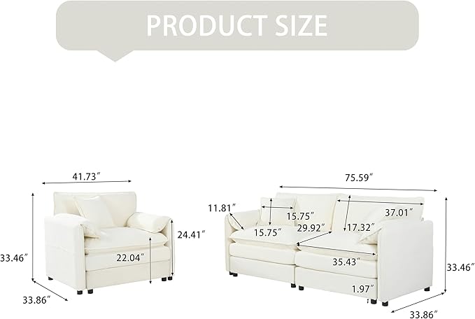 Chenille Sofa Set for Living Room, Modern Deep Seat Sofa Chair and Oversized 3-Seater Cloud Couch for Bedroom, Office, Apartment, Furniture Set