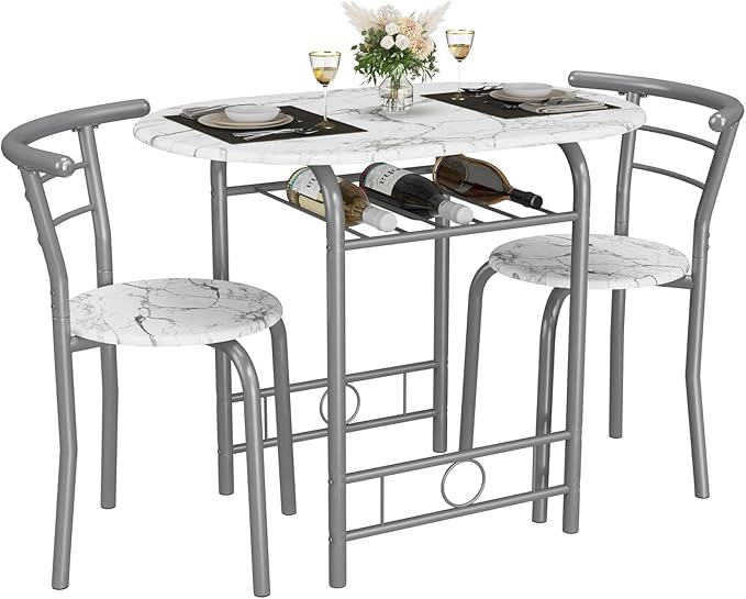 JUMMICO 3-Piece Wooden Round Table & Chair Set, Space Saving Kitchen Breakfast Nook Wood Grain Tabletop with Metal Frame and Built-in Wine Rack for Kitchen, Dining Room (White/Silver)