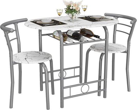 JUMMICO 3-Piece Wooden Round Table & Chair Set, Space Saving Kitchen Breakfast Nook Wood Grain Tabletop with Metal Frame and Built-in Wine Rack for Kitchen, Dining Room (White/Silver)