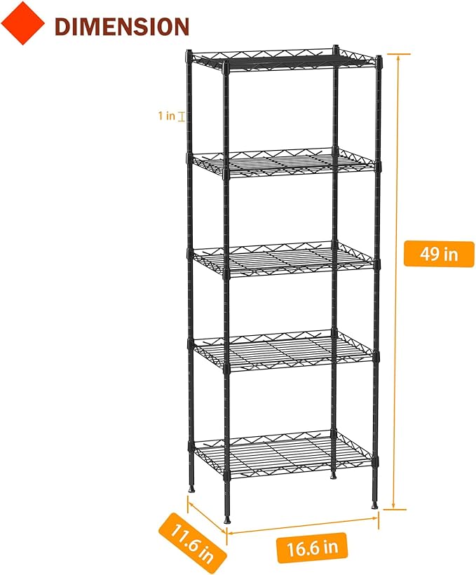 5 Tier Standing Metal Wire Shelving Unit, Adjustable Height, Storage Shelf Units for Laundry Bathroom Kitchen Pantry Closet (11.6" D x 16.6" W x 49" H inches, Black)