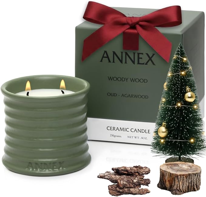 Scented Luxury Candles in Handmade Ceramic Jars, Soy Wax | Woody Wood – Oud & Agarwood, Large Candle | Non Toxic, 2 Wicks, Reusable Big Olive Green Jar | Natural Spring Aromatherapy for Women & Men