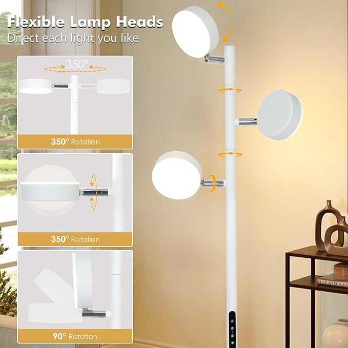Tree Floor Lamp for Living Room - Modern White Standing Lamp, LED Floor Light with Remote & Touch, 3000K-6000K Dimmable for Bedroom Office Reading (3 Head)