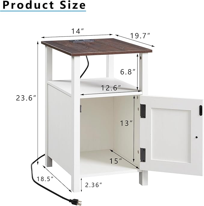 Farmhouse Nightstand Set of 2, End Table with Charging Station, Rustic Side Table w/Barn Door & Open Shelves, Bedside Table w/Storage Space and Storage Cabinet for Bedroom, Living Room (White)