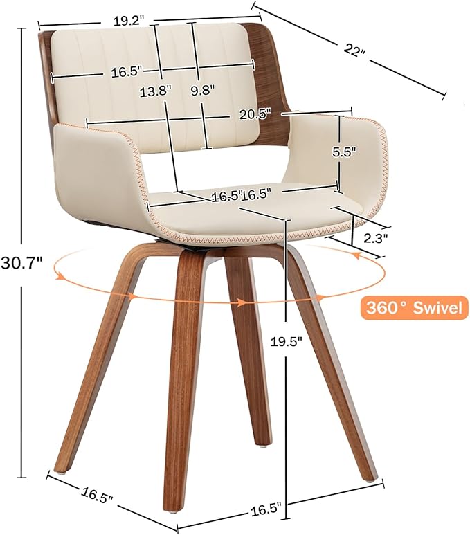 LUNLING Swivel Accent Faux Leather Dining Chairs, Mid Century Modern Chairs with Wooden Legs/Armrest/Upholstered Seat/Adjustable Foots for Kitchen Dining Room Desk Chairs,Beige,1PCS