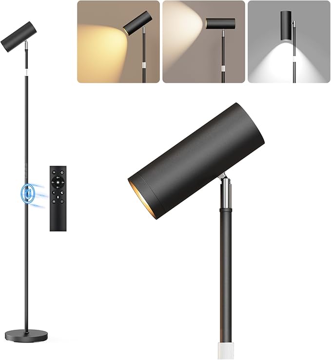Adjustable Floor Lamp, SIBRILLE Modern Stepless Dimmable Torchiere Tall Lamp with Remote Control, 350°Rotating Head Standing Lamp, Reading Floor Lamp for Living Room, Bedroom, Office & Wall Art, Black