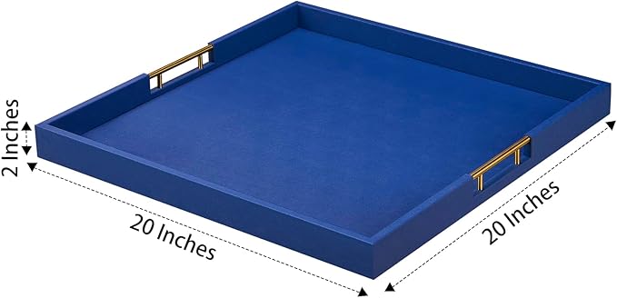 20x20 Inches Extra Large Blue Faux Leather Wrapped Wood Ottoman Tray with Handles for All Occasions, Serving Food Breakfast On Bed, Home Decor Decorative, Living Room,Square Coffee Table Organizer