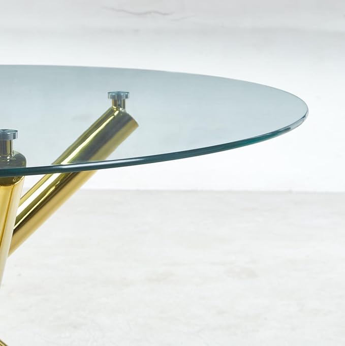 47.24" Round Dining Table for 6 8, Modern Clear Glass Kitchen Table for 6 with Gold X Metal Legs, Contemporary Circle Dining Room Leisure Dinner Tables for Kitchen Apartment