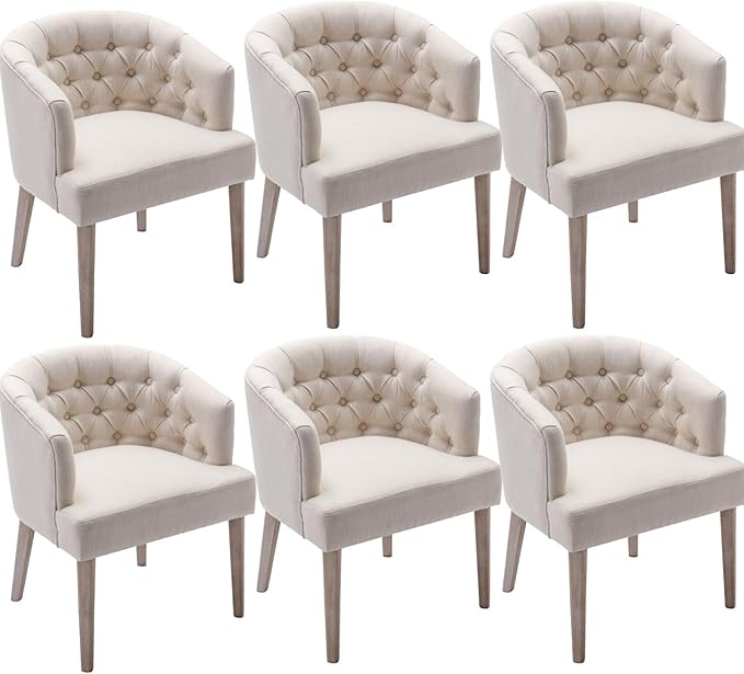 DUOMAY Modern Tufted Dining Chairs Set of 6, Linen Upholstered Side Chair, Comfy Accent Barrel Chair with Wood Legs for Home Kitchen Dining Room Living Room Restaurant, White