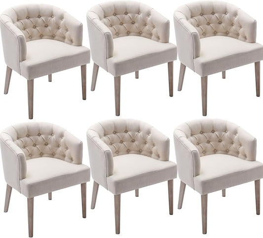 DUOMAY Modern Tufted Dining Chairs Set of 6, Linen Upholstered Side Chair, Comfy Accent Barrel Chair with Wood Legs for Home Kitchen Dining Room Living Room Restaurant, White