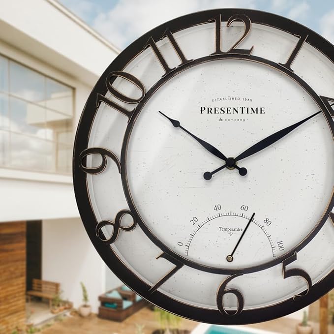 Presentime & Co 13" Farmhouse Outdoor Wall Clock w/Outdoor Thermometer, Cottage Style, Raised 3D Arabic Numerals, Oil Rubbed Bronze Finish (Wall Clock for Patio, Cottage, Poolside, Garden Spaces)