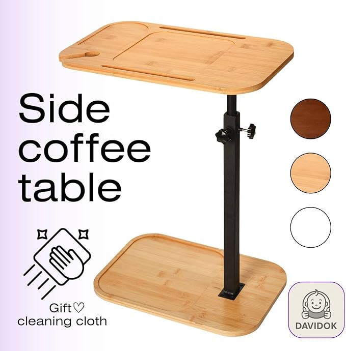 DAVIDOK C-Shaped Sofa End Table, Adjustable Height Couch Side Table with Device Slot, Wood Color with Black Metal Stand, Couch Table for Living Room, Bedroom