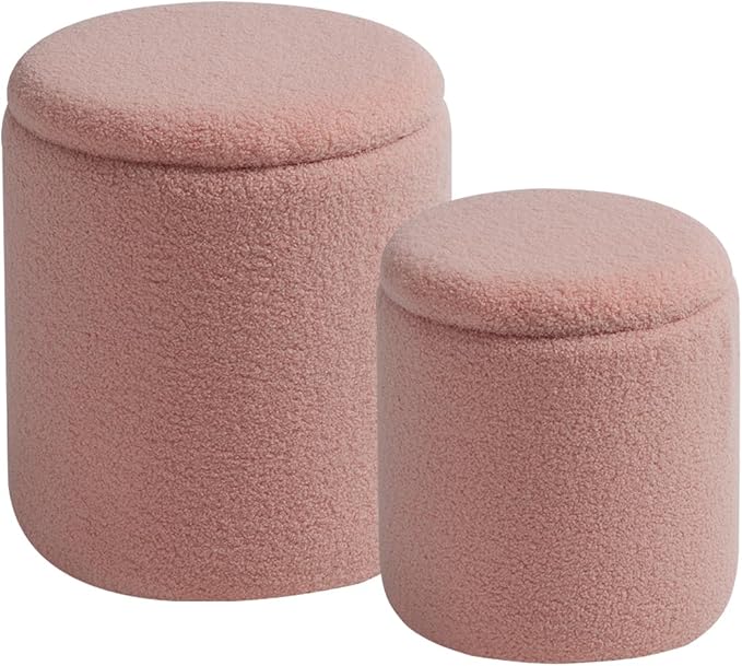 Round Ottoman with Storage Set of 2-Upholstered Sherpa Vanity Stool for MakeupMultifunctional Ottomans Coffee Table Padded Seat Foot Rest for LivingRoom&Bedroom(Sherpa Pink)