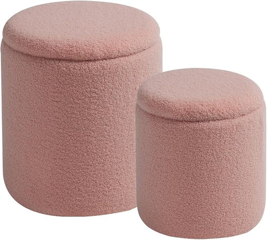 Round Ottoman with Storage Set of 2-Upholstered Sherpa Vanity Stool for MakeupMultifunctional Ottomans Coffee Table Padded Seat Foot Rest for LivingRoom&Bedroom(Sherpa Pink)