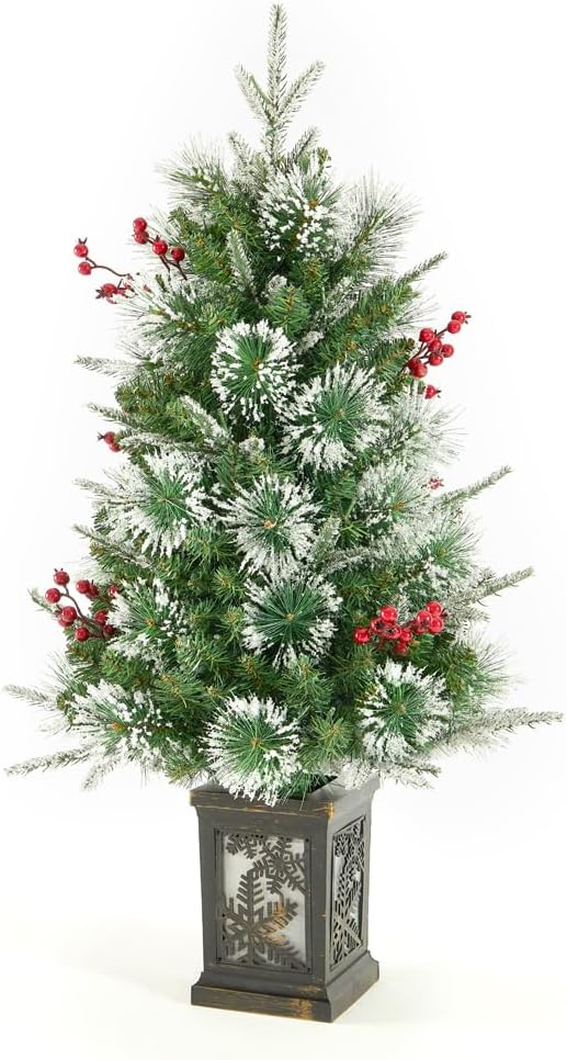 Small 3FT Pre-Lit Snow Flocked Christmas Tree with Twinkling Lights for Home Office Christmas Decor- Battery Operated & Timer (Vintage Snowflake Base)