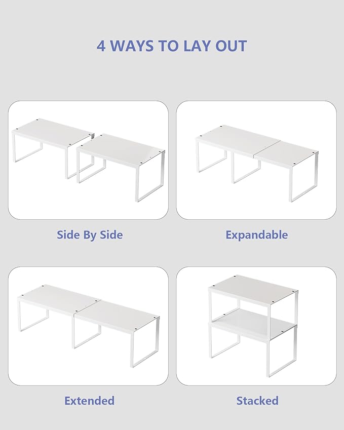 Cabinet Organizer Shelf, Set of 4 Cabinet Shelves, Stackable Metal Kitchen Counter Organizer, Adjustable Countertop Cupboard Pantry Shelf Riser Storage Rack, White
