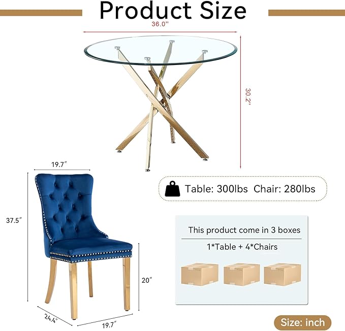 Goujxcy Small Round Dining Table Set for 4, Modern Glass Kitchen Table Chairs Set of 4, 5-Piece Dining Table Set w/36 Circle Gold Glass Dining Room Table and 4 Blue Upholstered Dining Chairs