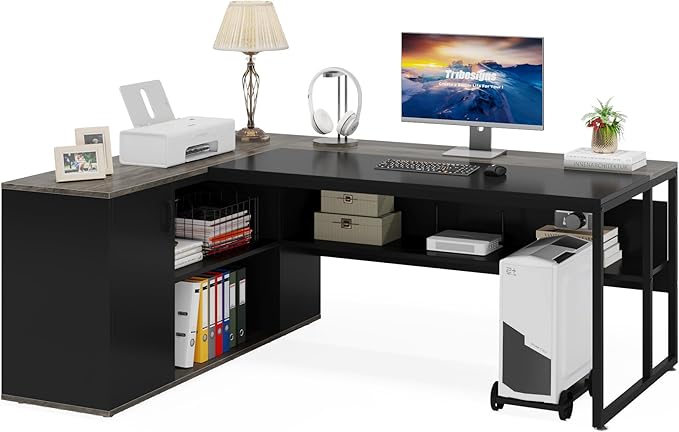 LITTLE TREE Large Executive Desk with File Cabinet, 71 inch L Shaped Computer Desk Office Desk with Drawers and Storage Shelves, Business Furniture Desk Workstation for Home Office, Grey