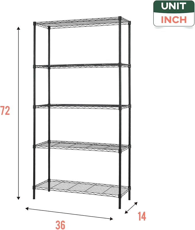 FDW 14" D×36" W×72" H Wire Shelving Unit Metal Shelf with 5 Tier Adjustable Layer Rack Commercial Strong Steel for Restaurant Garage Pantry Kitchen，Chrome