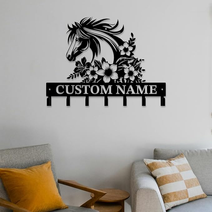 Personalized Custom Name Farm Horse Wall Key Hooks,Metal Horse Art Clothes Hooks,Metal Horse Wall Home Storage Decorative,For Front Door, Hallway, Kitchen, Bedroom,Keys,Hats (Style I)