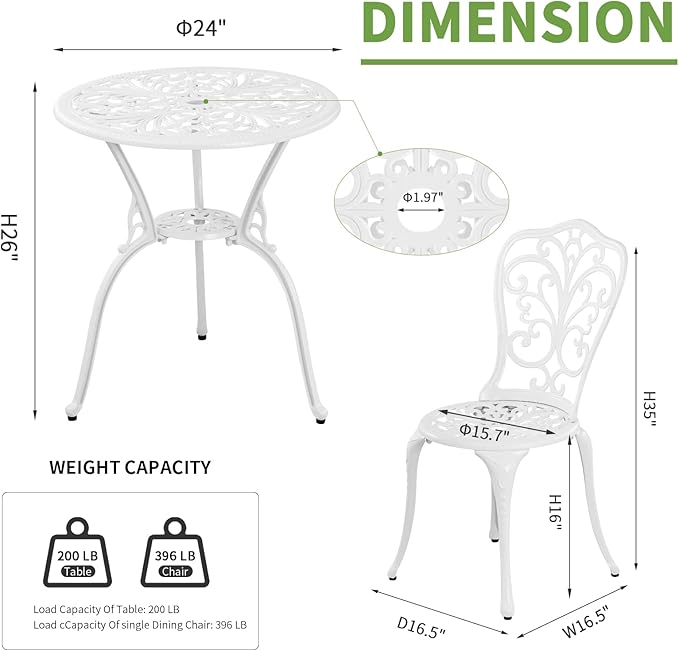 Bistro Set 3 Piece Outdoor Cast Aluminum Patio Bistro Set with Umbrella Hole, All Weather Bistro Table and Chairs Set, Small Patio Furniture Set for Garden, Porch,White