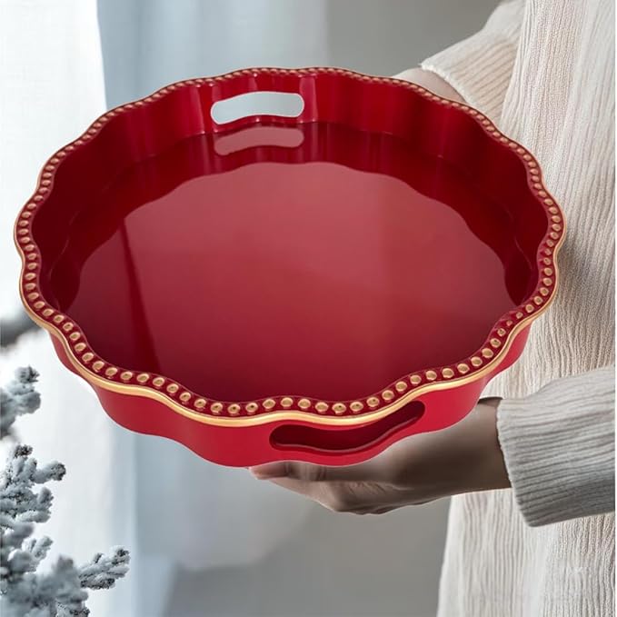 Red Decorative Tray for Coffee Table, Wavy Scallop Beaded Plastic Serving Tray forKitchen Counter, Ottoman, Living Room, (13")