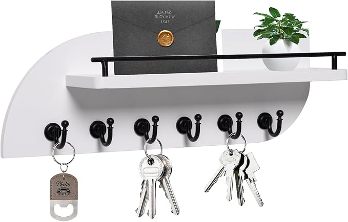 Key Holder for Wall, Decorative Key and Mail Organizer with 6 Sturdy Metal Hooks and Floating Shelf, 14 Inches Wood Wall Mounted Key Rack for Entryway, White and Black