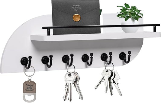 Key Holder for Wall, Decorative Key and Mail Organizer with 6 Sturdy Metal Hooks and Floating Shelf, 14 Inches Wood Wall Mounted Key Rack for Entryway, White and Black