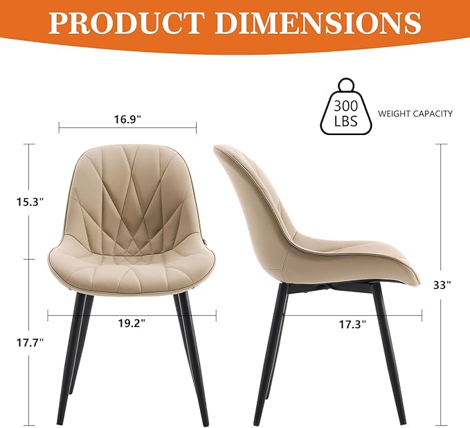 Rowill Dining Chairs Set of 2 - Modern Kitchen Chairs with Soft Backrest, Sturdy Metal Legs & Non-Slip Pads, Suitable for Home Kitchen, Faux Leather Upholstered Seats for Dining Room, Khaki