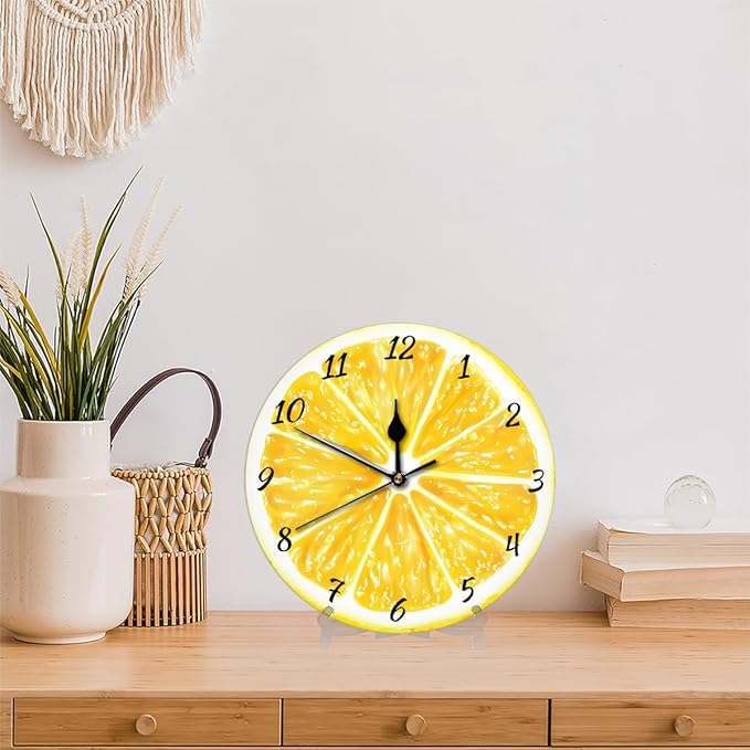 Yellow Lemon Wall Clock Battery Operated 10 in Round Wall Clocks Slilent Non Ticking Quartz Analog Clock for Bedroom Kids Living Room Classroom Decor