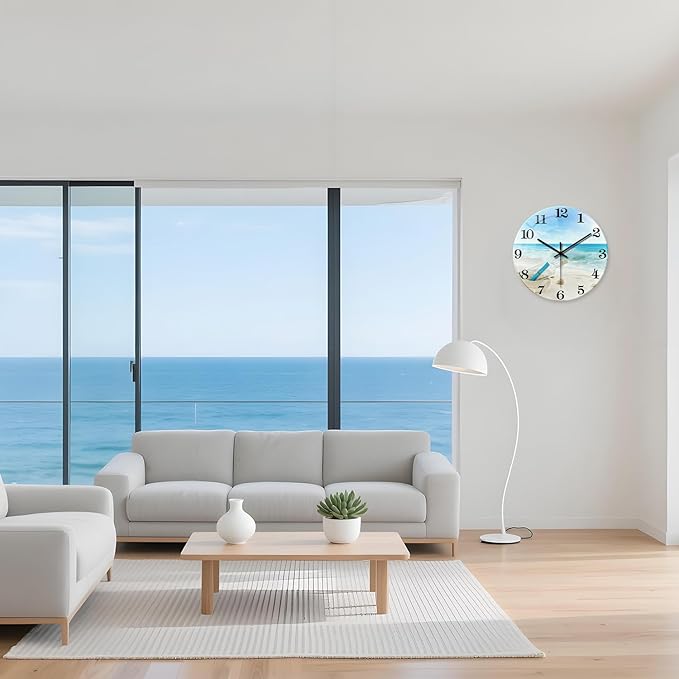 XNM Glass Large Wall Clocks for Living Room Decor 20 Inch Blue Beach Clock Non Ticking Battery Wall Clock Modern