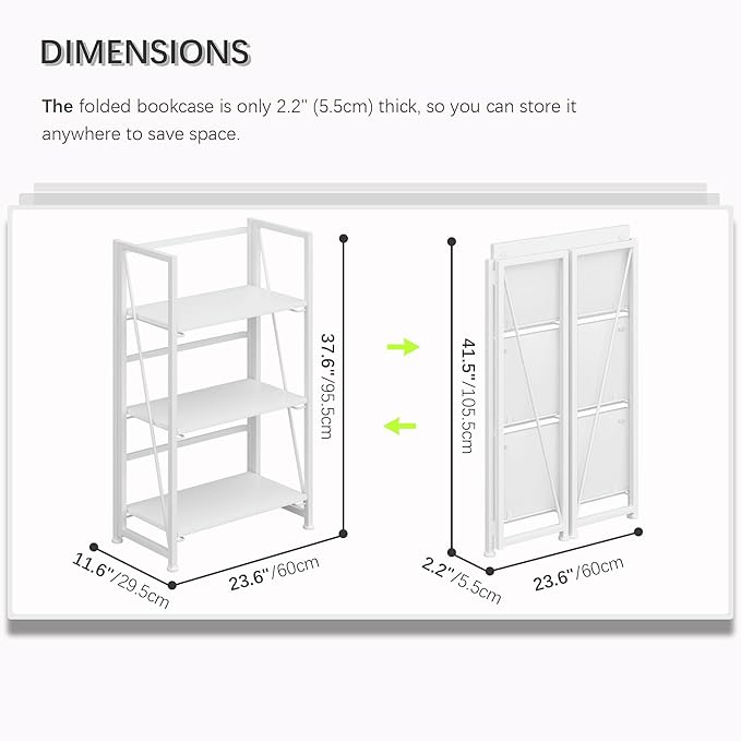 4NM No Assembly Folding Bookshelf Storage Shelves 3 Tiers Vintage Bookcase Standing Racks Study Organizer Home Office (All White)