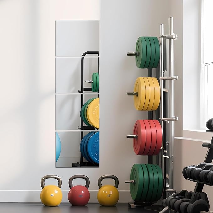 Ruomeng Full Length Wall Mirror Tiles - 12" x 10" x 4Pcs Frameless Full Body Mirror Tiles Wall Mounted Mirror for Home Gym Vanity Bedroom, Living Room