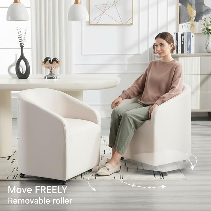 White Barrel Dining Chairs Set of 2, Modern Swivel Barrel Chairs with Wheels Casters Arms Back Comfy Linen Beige Upholstered Rolling Dining Chairs for Living Room Kitchen Bedroom