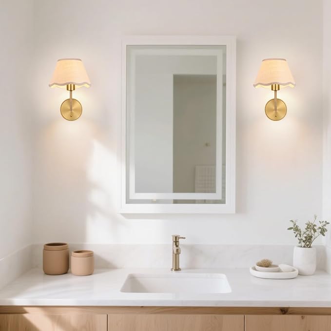 Boho Hand Woven Rattan Wall Sconces Set of Two Gold Rustic Wall Lamp Hardwire Brass Farmhouse Wall Mount Lights for Bedroom Living Room Hallway Vanity