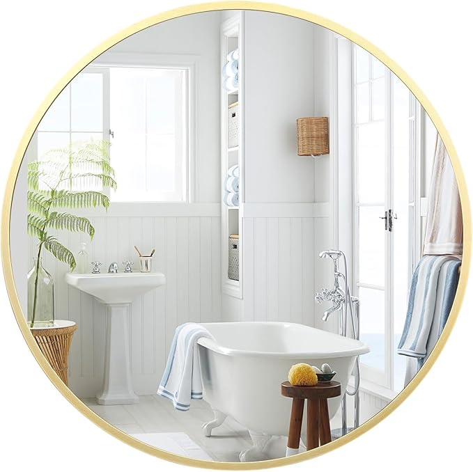 24 Inch Golden Circle Wall Mirror, Modern Round Metal Framed Mirror for Bathroom, Entryway, Living Room, Bedroom, Dining Room, Hallway, Decorative Home Décor, Easy Mount