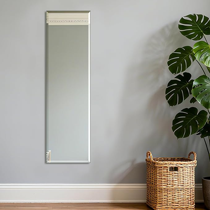 Ruomeng Frameless Full Length Mirror for Wall, 48x14 Inch Bathroom Vanity Mirror Farmhouse, Large Rectangle Mirror with Beveled Edge, Tempered Glass, Hangs Horizontally or Vertically