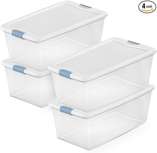 Sterilite 4-Pack Latching Box, Under Bed Storage Bins with Lids, Clear Plastic, 106 Quart - Heavy-Duty Organizing Containers for Closet, Bathroom, and Office