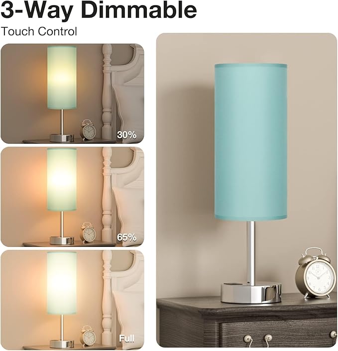 Teal Touch Bedside Lamps for Bedroom - Small Coastal Nightstand Lamp with USB-C and USB A Charging Ports, 3 Way Dimmable Control Table Lamp for Office, Dorm with Fabric Shade Silver Base