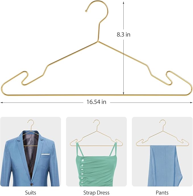 Gold Aluminum Hangers, 16.5 Inch Smooth and Durable Metal Shirt Dress Hanger, Lightweight and Sturdy Metal Hanger for Suit Jackets and Casual Pants (20 Pack)