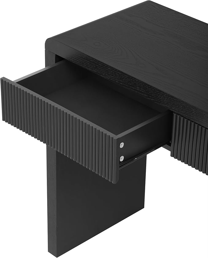 55”Curved Rustic Console Table with 3 Fluted Drawers,Solid Wood Veneer Entry Table Foyer Hallway Table, Narrow Sofa Table Natural Wood Grain for Living Room, Hallway (Black)