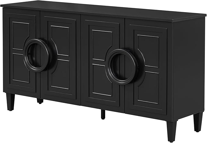 Modern Retro Sideboard Storage Cabinet with 4 Doors and Round Ring Handle, Wood 59'' Accent Entryway Console Table for Living Rooms Entrance Dining Room (Black-FI)