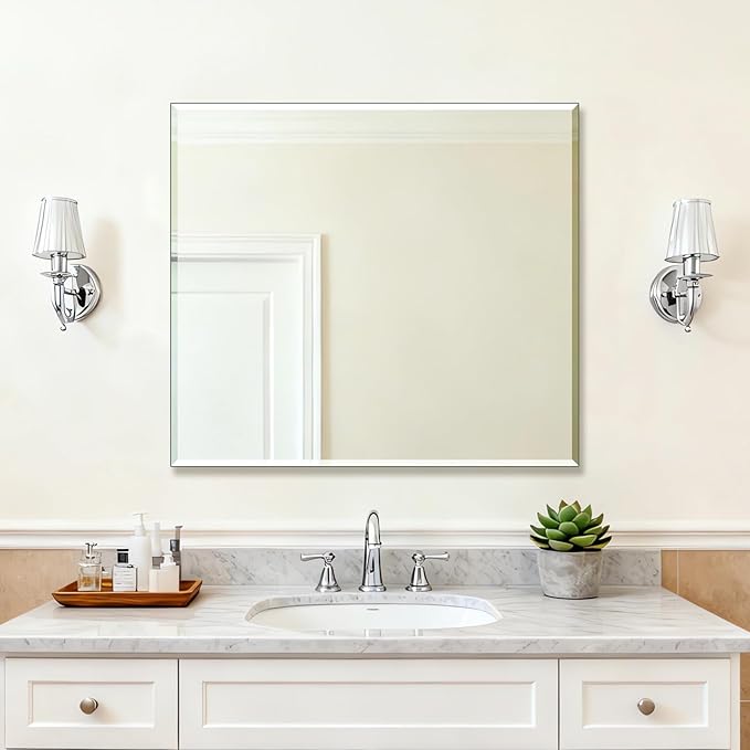 Ruomeng Frameless Mirror for Wall, 40x36 Inch Bathroom Vanity Mirror Farmhouse, Large Rectangle Mirror with Beveled Edge, Tempered Glass, Hangs Horizontally or Vertically
