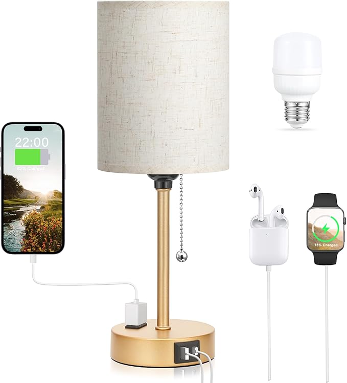 Dicoool Elegant Gold Bedside lamp for Bedroom - 3 Color Temperatures Small Table Lamp with USB C and A Ports, Pull Chain Table Lamps with AC Outlet, Cream Nightstand Lamps for Kids Reading Study