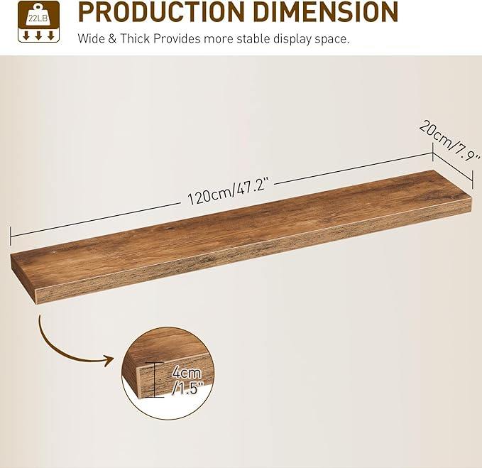 Floating Shelves for Wall, 1.5" Thick Wall Shelf Set of 3 with Invisible Bracket, L47.2 x W7.9 Hanging Shelves Farmhouse Home Decor for Bathroom, Living Room, Bedroom, Rustic Brown 12301BJP3BF