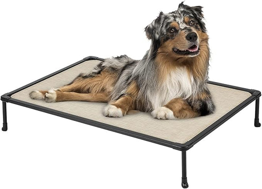 Veehoo Chewproof Elevated Dog Bed - Cooling Raised Pet Cot, Breathable Mesh, Washable & Non-Slip for Medium Dogs, Indoor/Outdoor, Beige Coffee Mat and Black Frame, 32x25inches (Model CWC2203A03)