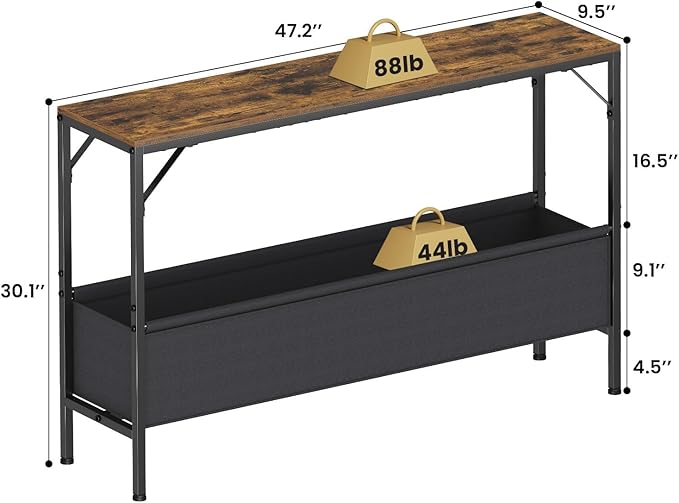 Narrow Console Table with Storage Basket, 47.2'' Behind The Couch Table, Skinny Sofa Table, Entryway Table, Small Console Table, Display Table for Hallway, Foyer, Living Room, Rustic Brown