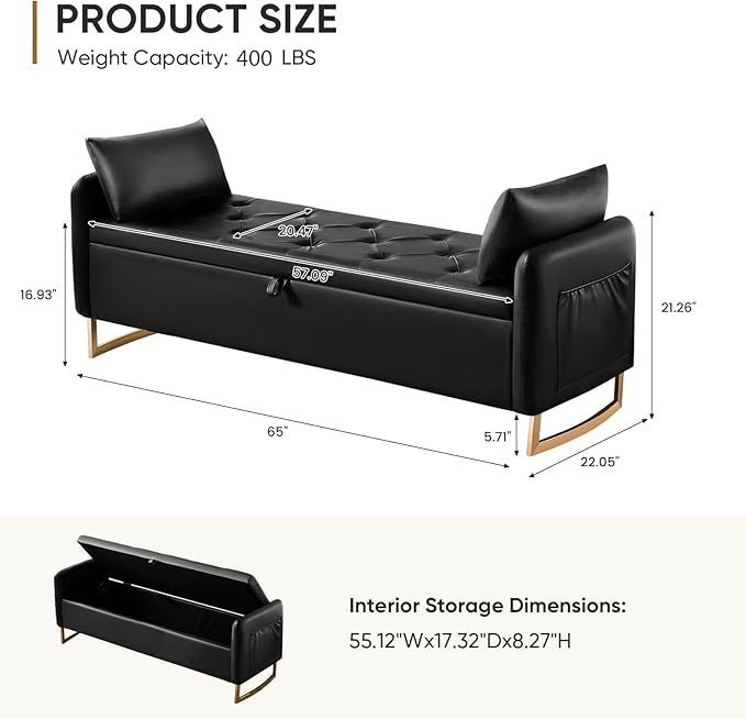 65" Leather Storage Bench, End of Bed Storage Bench King Size for Foot of Bed with Tufted Button and Gold Legs, Upholstered Faux Window Ottoman Benches with Armrests for Living Room, Black