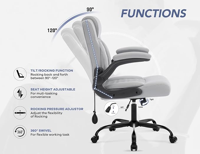 Office Chair with Adjustable Lumbar Support,Leather Ergonomic Computer Desk Chair with Flip-up Arms,Adjustable Tilt Lock,Swivel Rolling Executive PC Chair for Work, Study,Meeting,Small Space.Grey